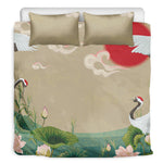 Japanese Cranes At Sunset Print Duvet Cover Bedding Set