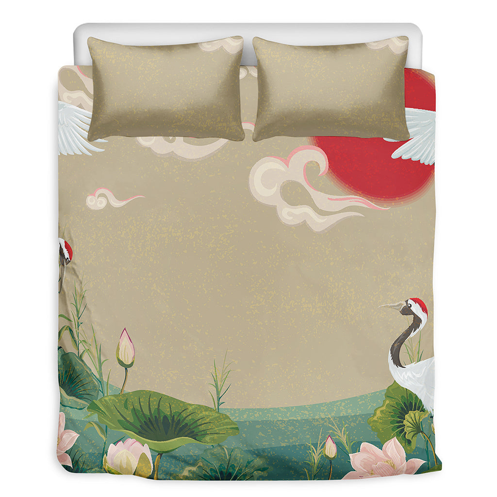 Japanese Cranes At Sunset Print Duvet Cover Bedding Set