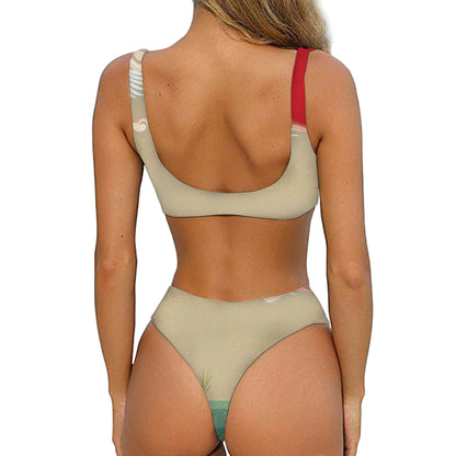 Japanese Cranes At Sunset Print Front Bow Tie Bikini