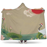 Japanese Cranes At Sunset Print Hooded Blanket