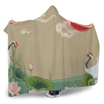 Japanese Cranes At Sunset Print Hooded Blanket