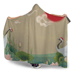 Japanese Cranes At Sunset Print Hooded Blanket
