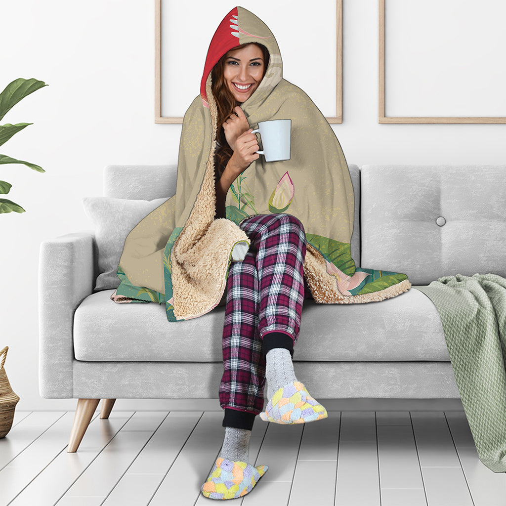 Japanese Cranes At Sunset Print Hooded Blanket