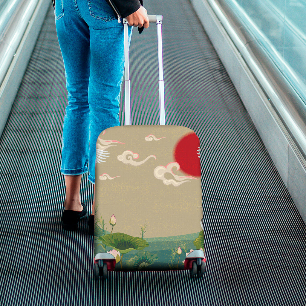 Japanese Cranes At Sunset Print Luggage Cover