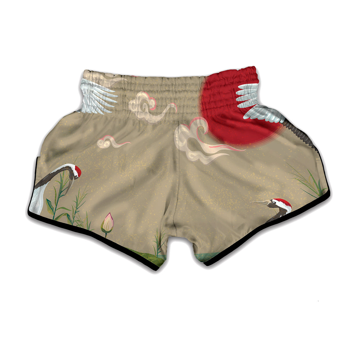 Japanese Cranes At Sunset Print Muay Thai Boxing Shorts