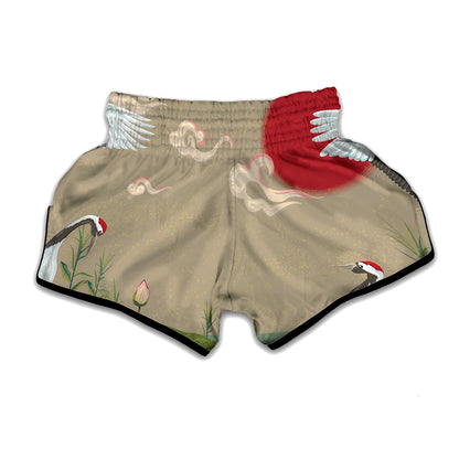 Japanese Cranes At Sunset Print Muay Thai Boxing Shorts