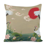 Japanese Cranes At Sunset Print Pillow Cover