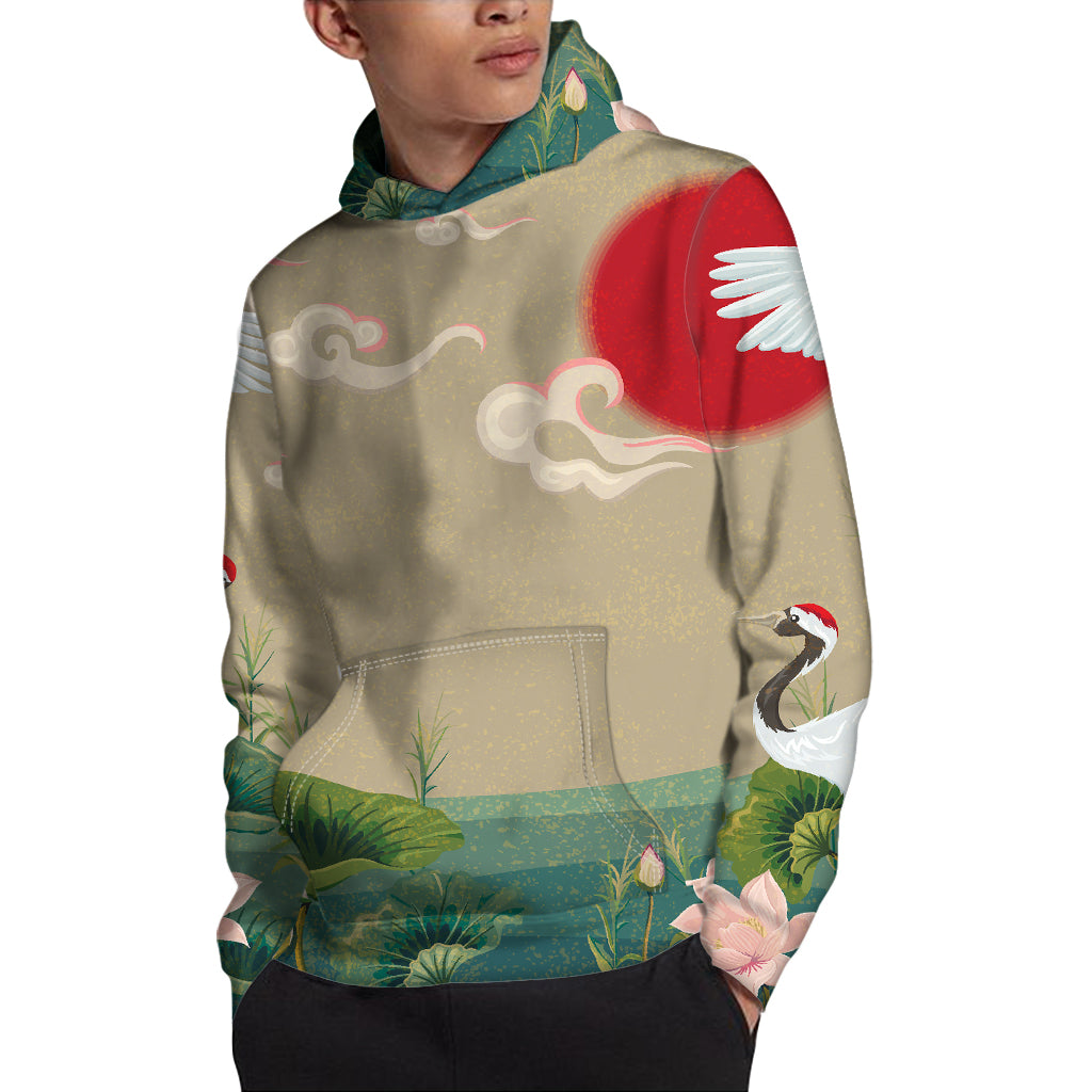 Japanese Cranes At Sunset Print Pullover Hoodie