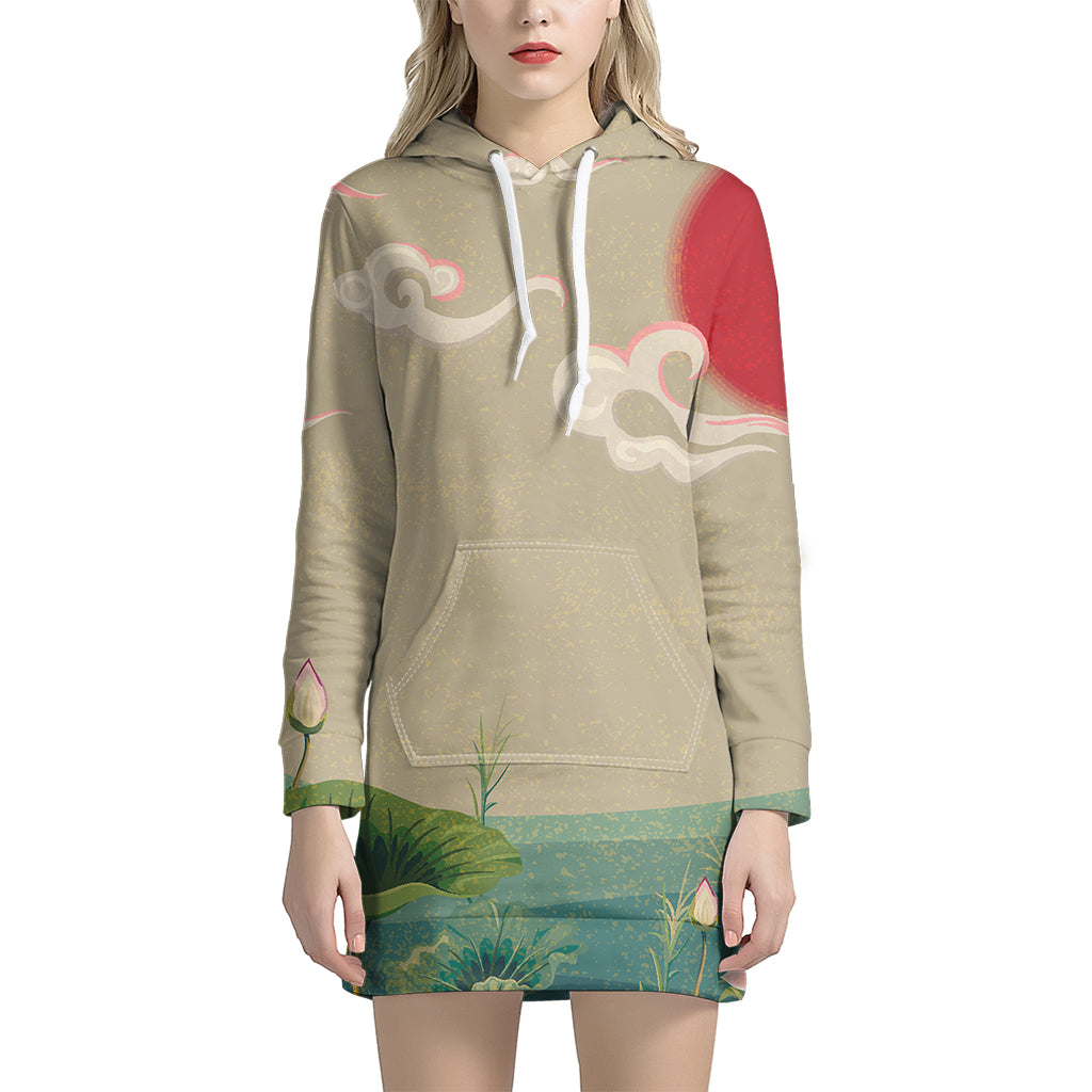 Japanese Cranes At Sunset Print Pullover Hoodie Dress