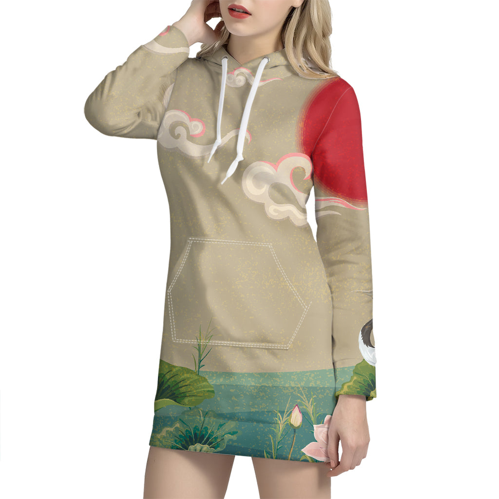 Japanese Cranes At Sunset Print Pullover Hoodie Dress
