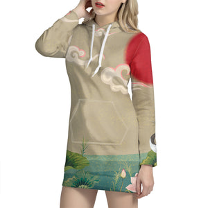 Japanese Cranes At Sunset Print Pullover Hoodie Dress