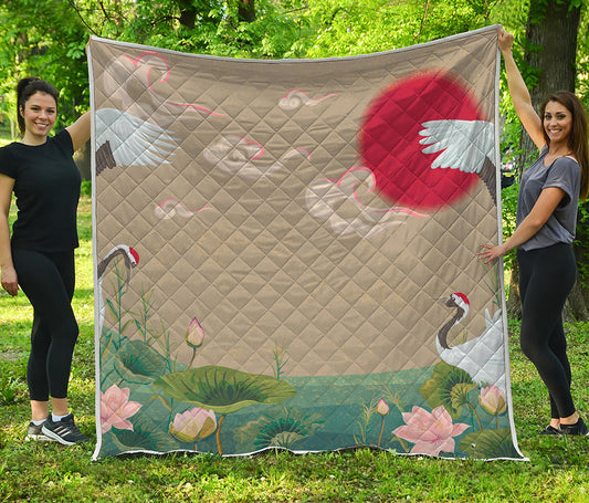 Japanese Cranes At Sunset Print Quilt