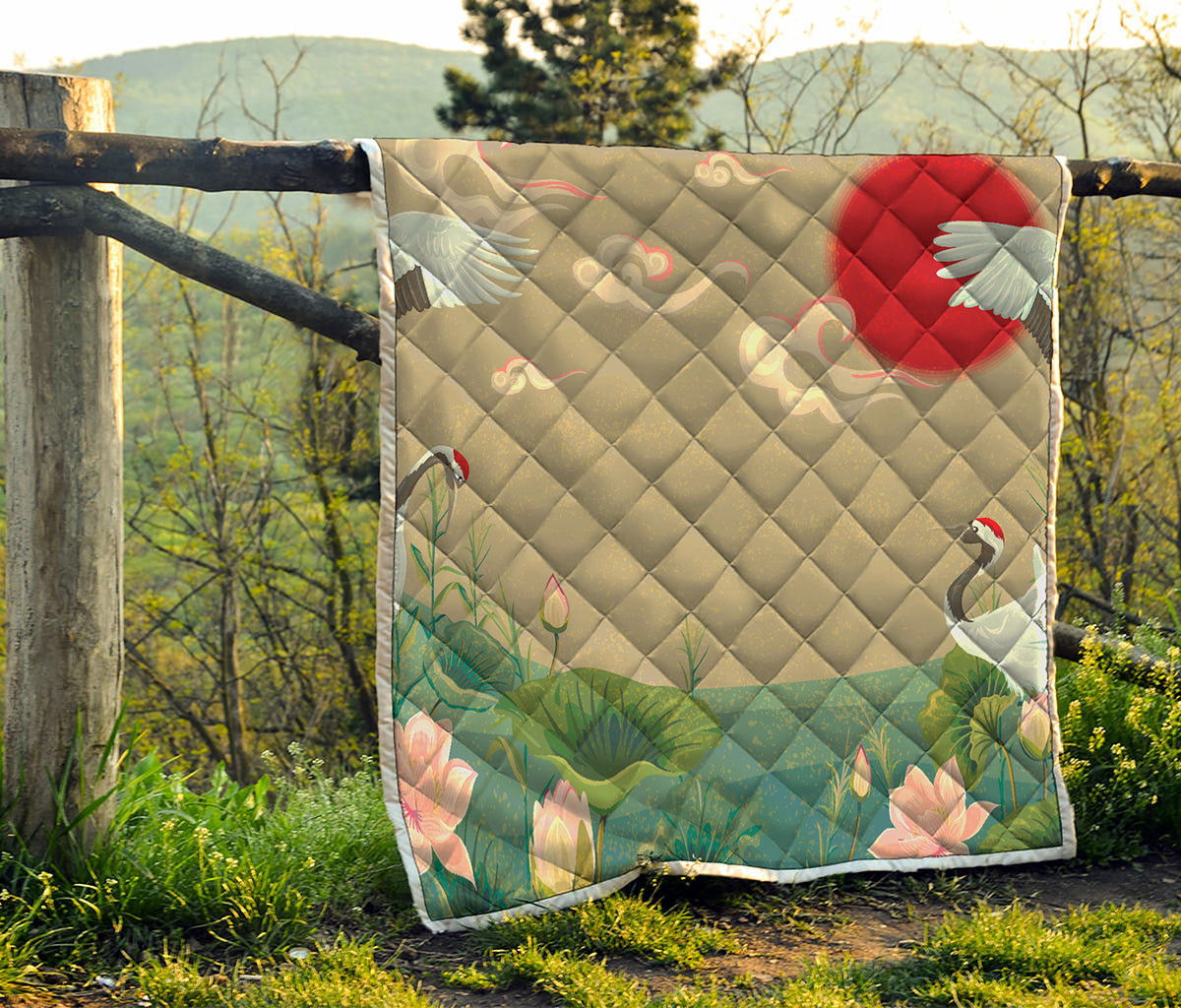 Japanese Cranes At Sunset Print Quilt