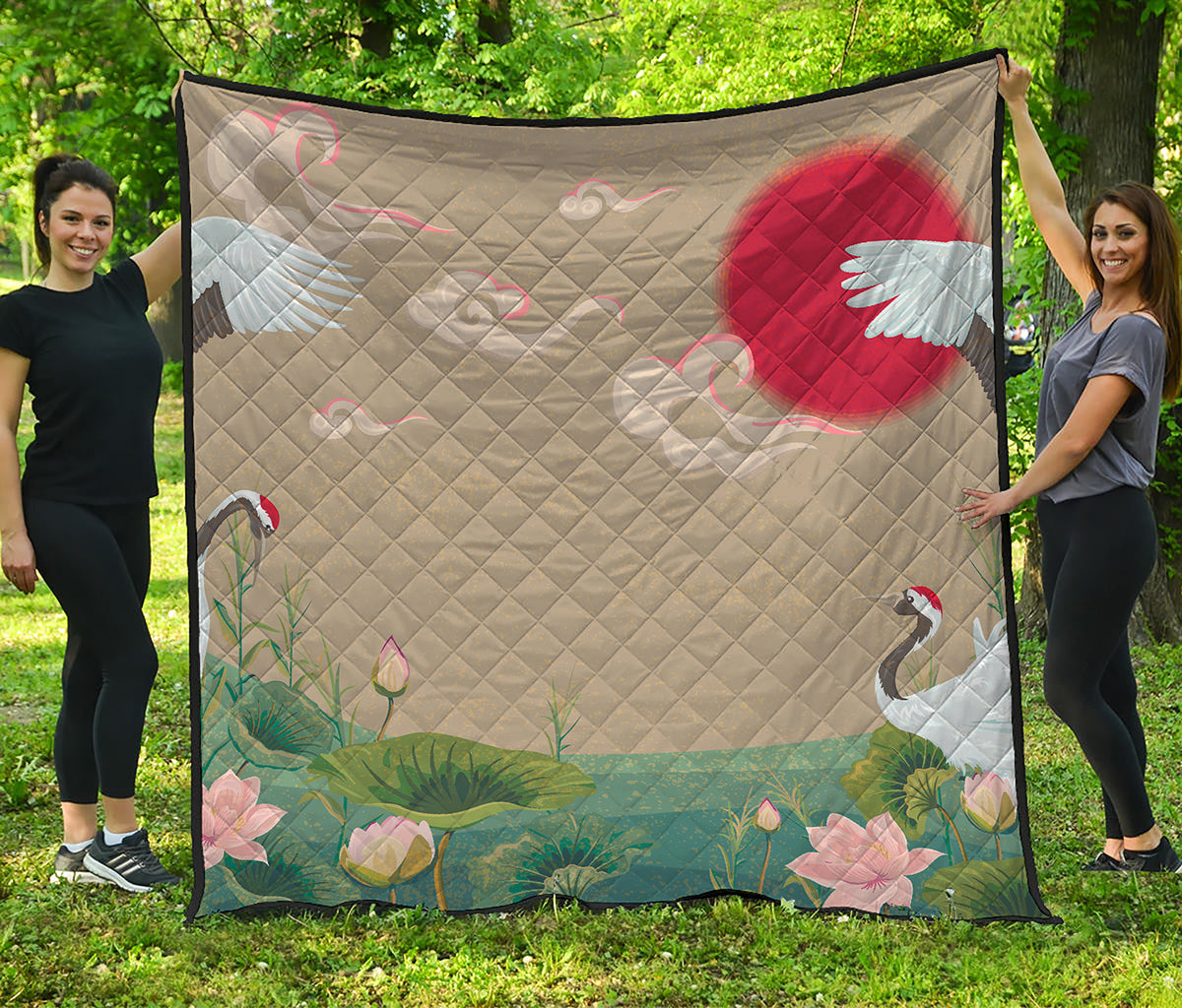 Japanese Cranes At Sunset Print Quilt