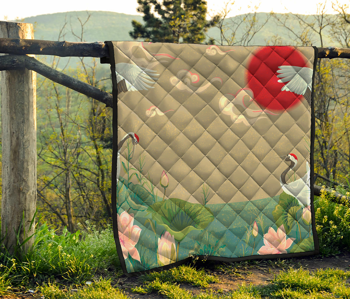 Japanese Cranes At Sunset Print Quilt