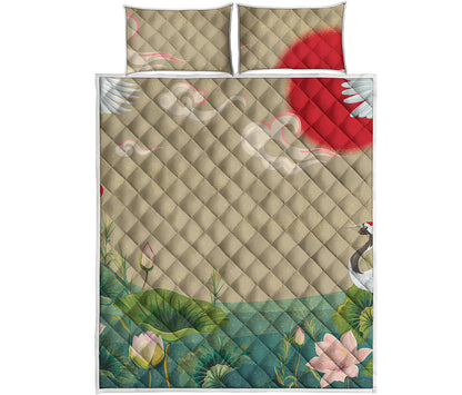Japanese Cranes At Sunset Print Quilt Bed Set
