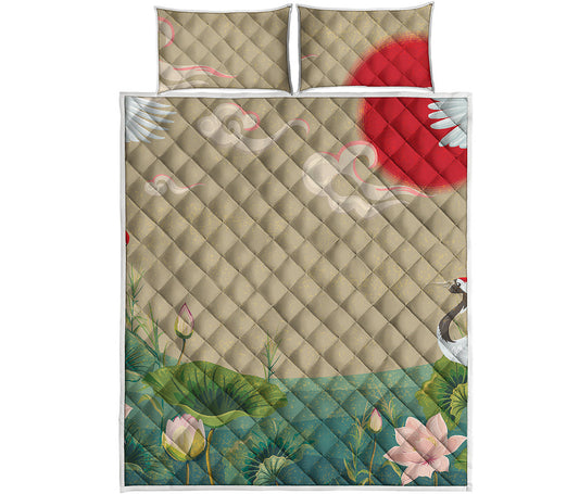 Japanese Cranes At Sunset Print Quilt Bed Set