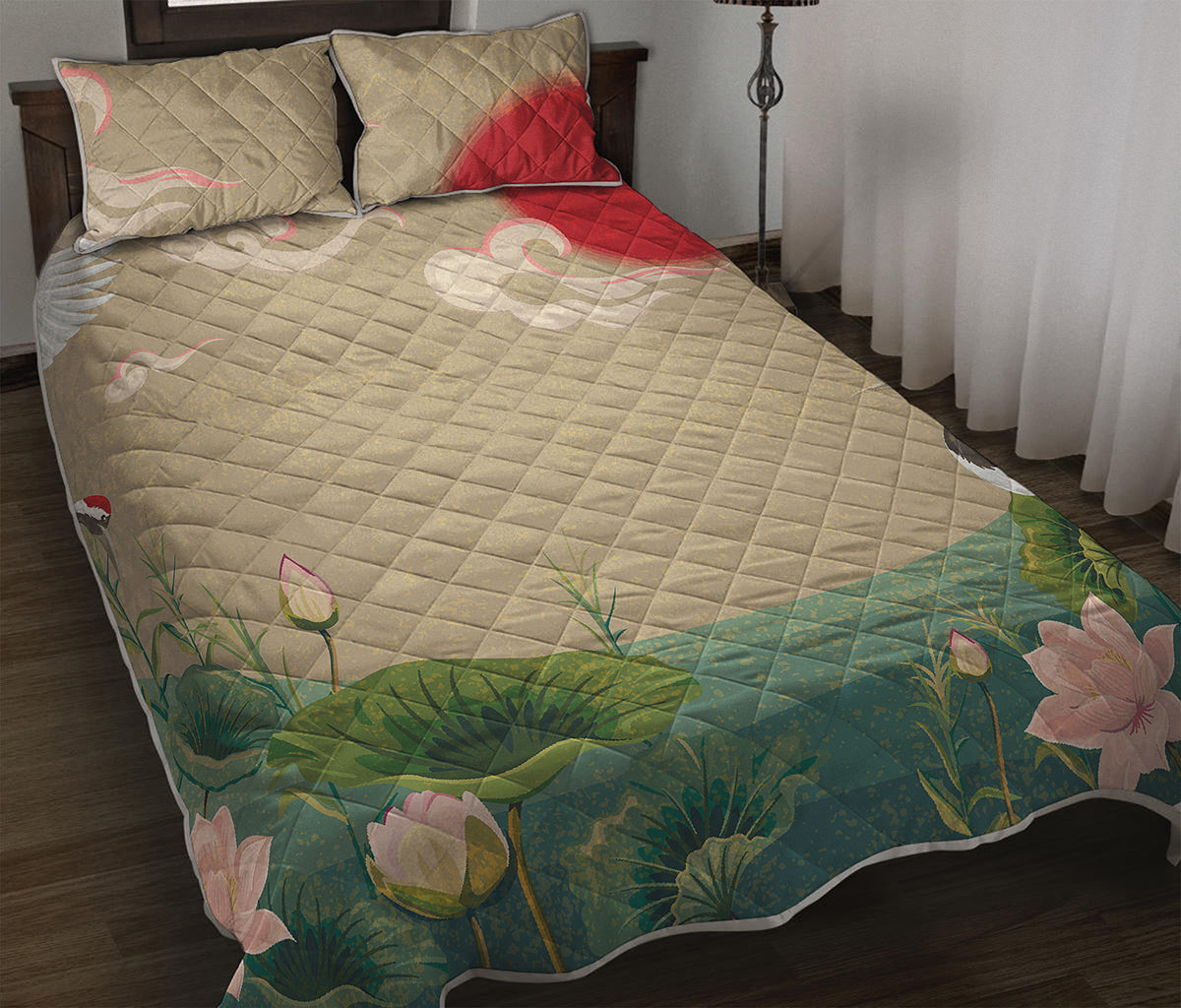 Japanese Cranes At Sunset Print Quilt Bed Set