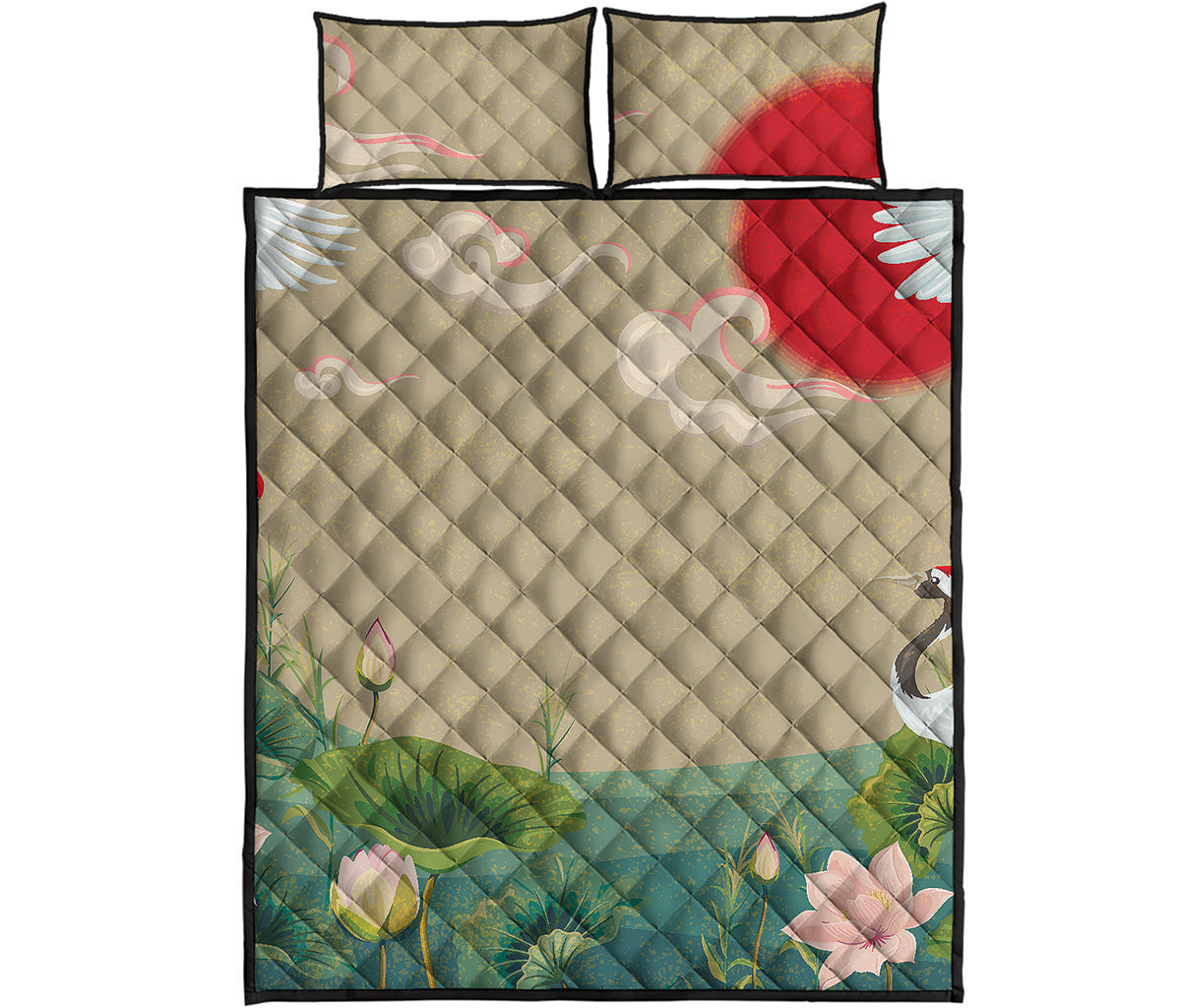 Japanese Cranes At Sunset Print Quilt Bed Set