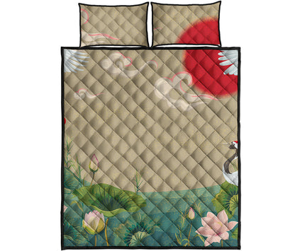 Japanese Cranes At Sunset Print Quilt Bed Set