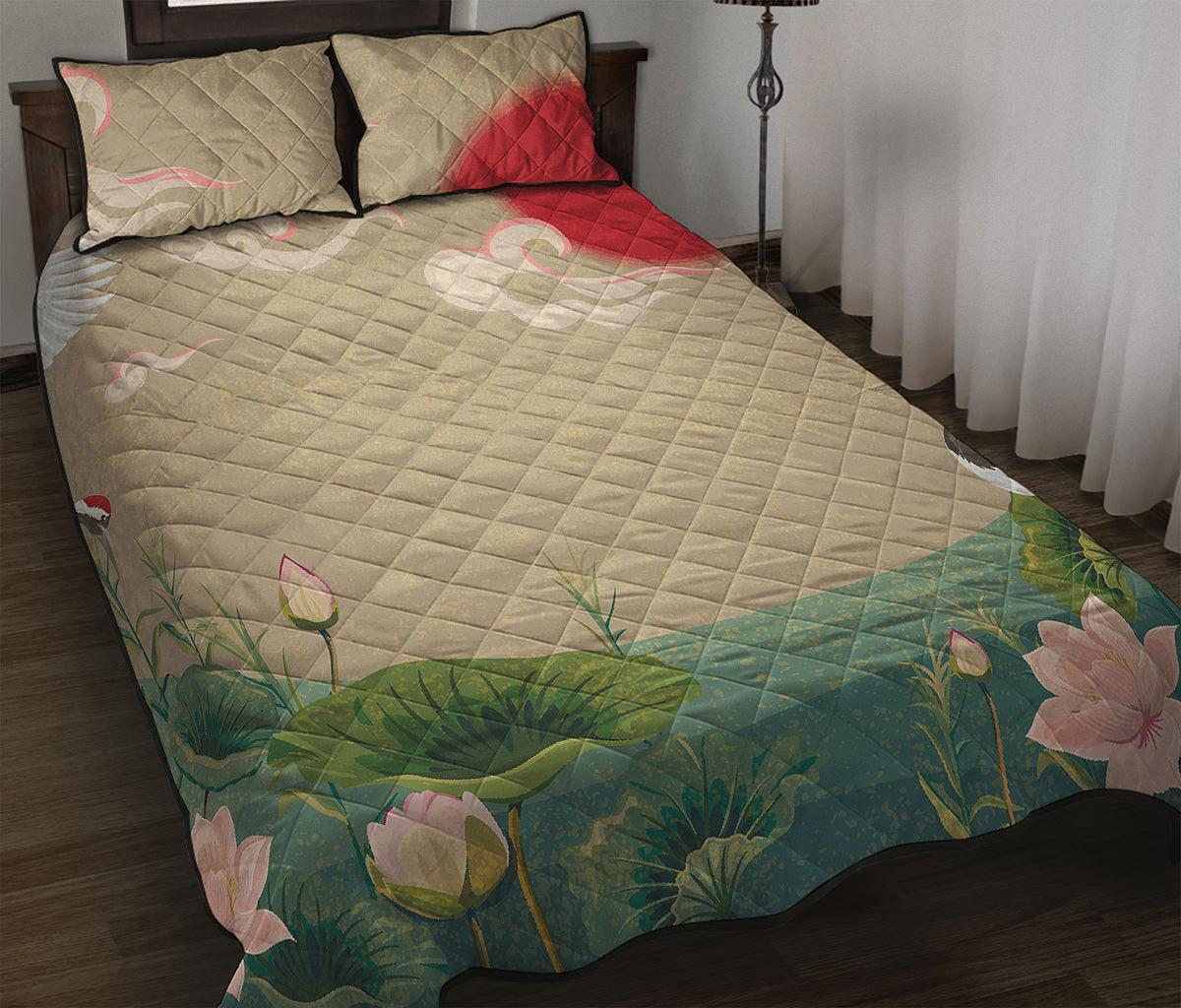 Japanese Cranes At Sunset Print Quilt Bed Set