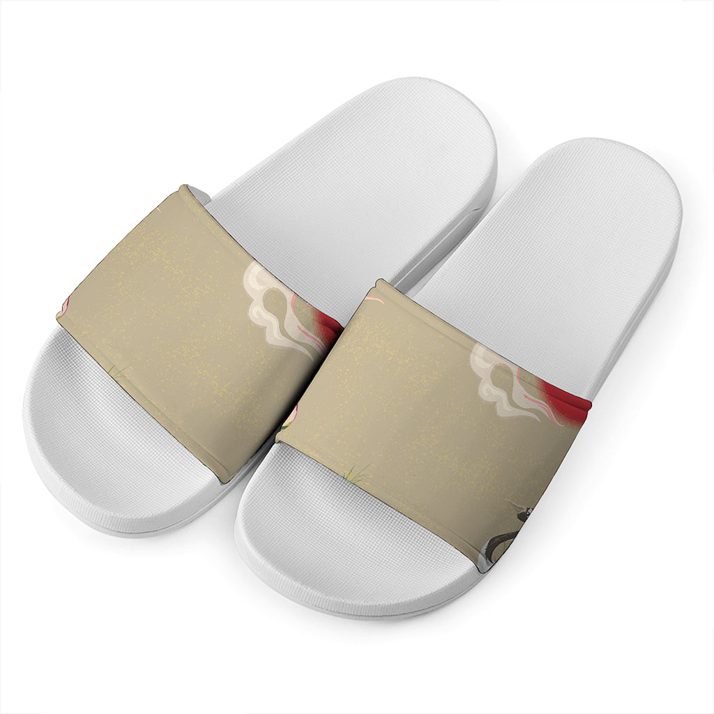Japanese Cranes At Sunset Print White Slide Sandals