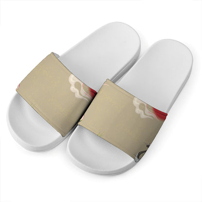 Japanese Cranes At Sunset Print White Slide Sandals