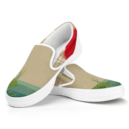 Japanese Cranes At Sunset Print White Slip On Shoes