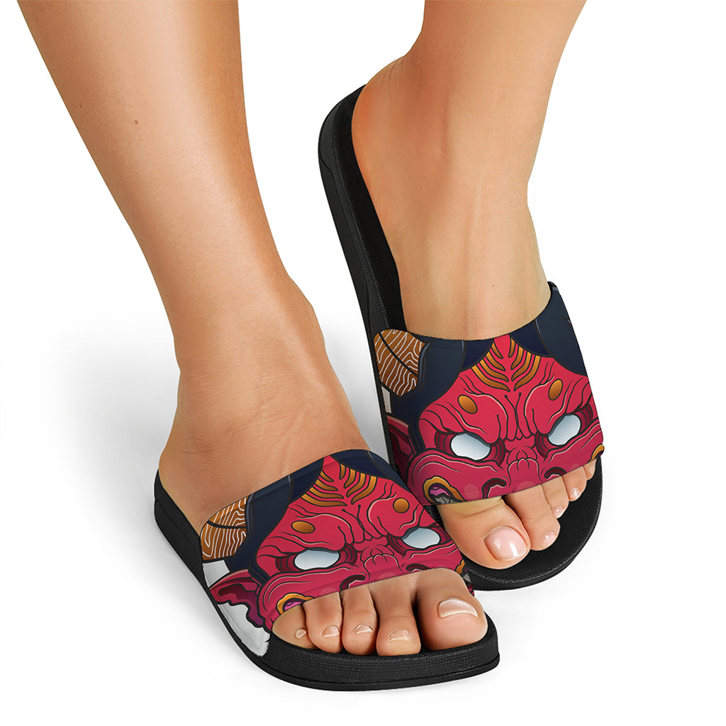 Japanese Demon Mask Print Black Slide Sandals
