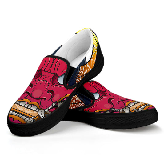 Japanese Demon Mask Print Black Slip On Shoes