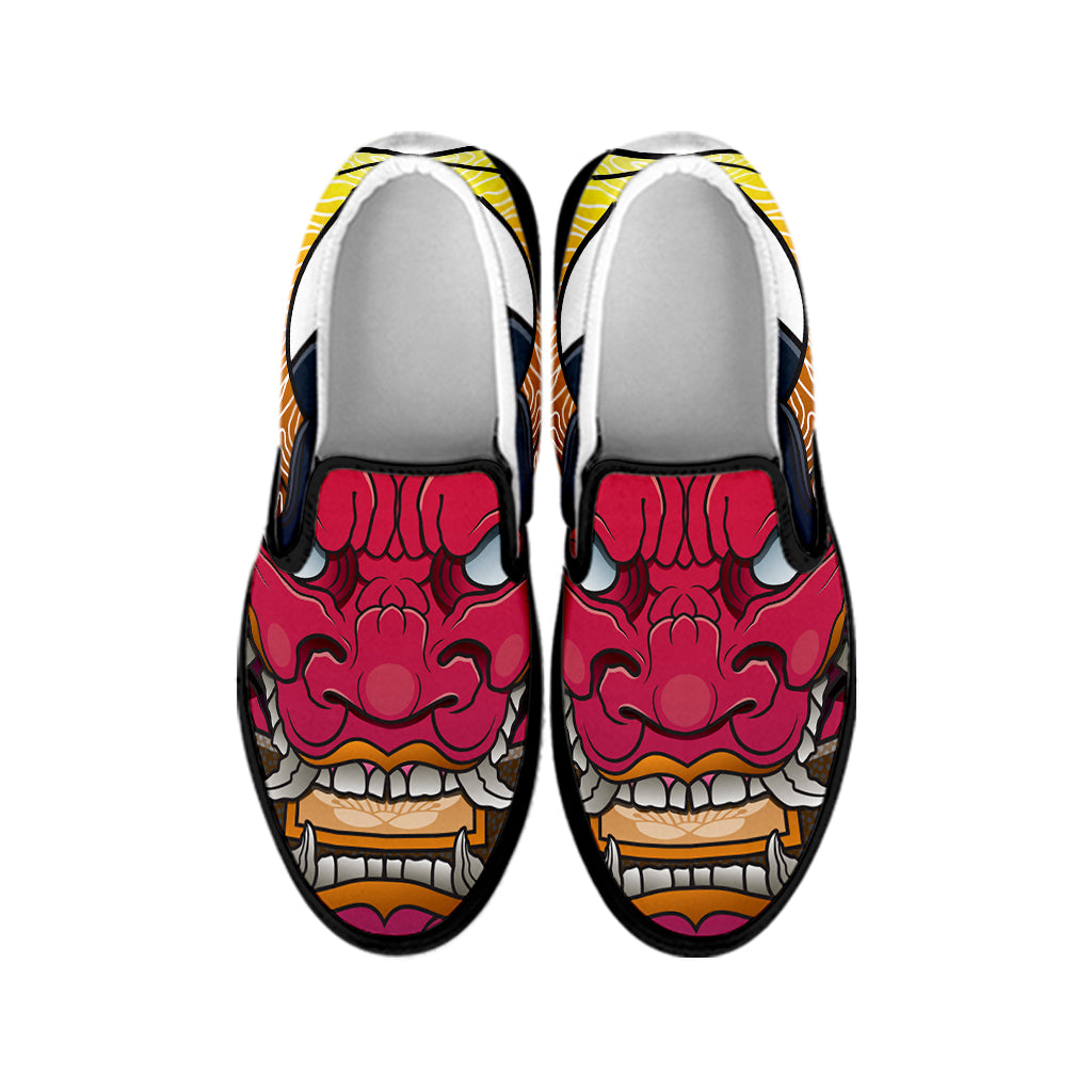 Japanese Demon Mask Print Black Slip On Shoes