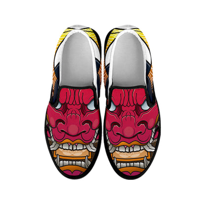 Japanese Demon Mask Print Black Slip On Shoes