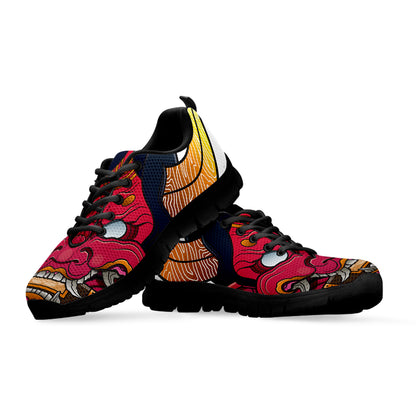 Japanese Demon Mask Print Black Sneakers
