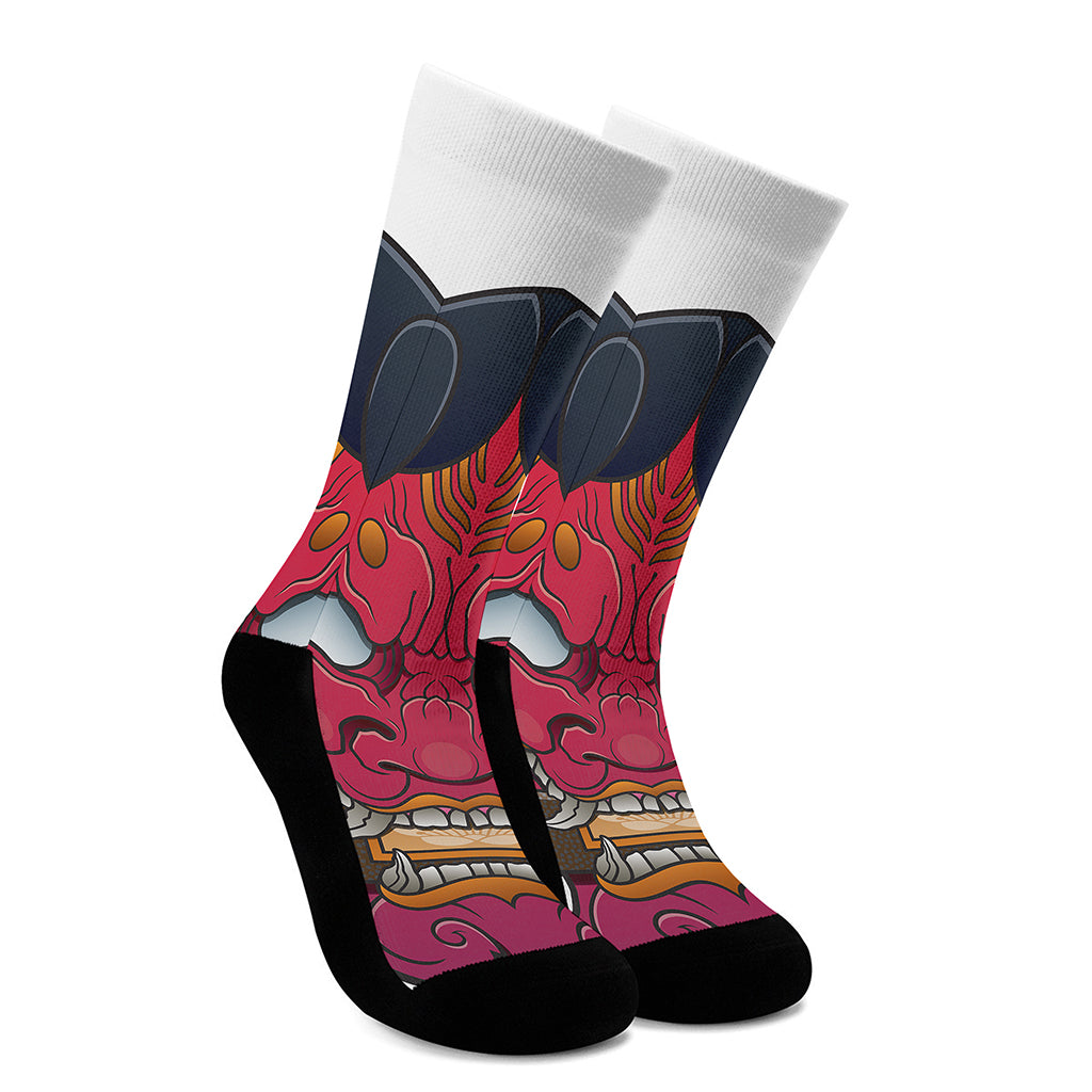 Japanese Demon Mask Print Crew Socks