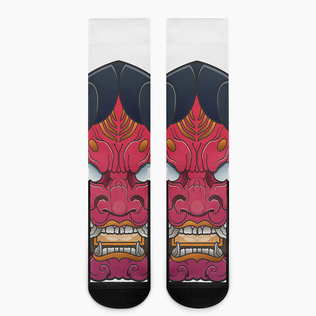 Japanese Demon Mask Print Crew Socks