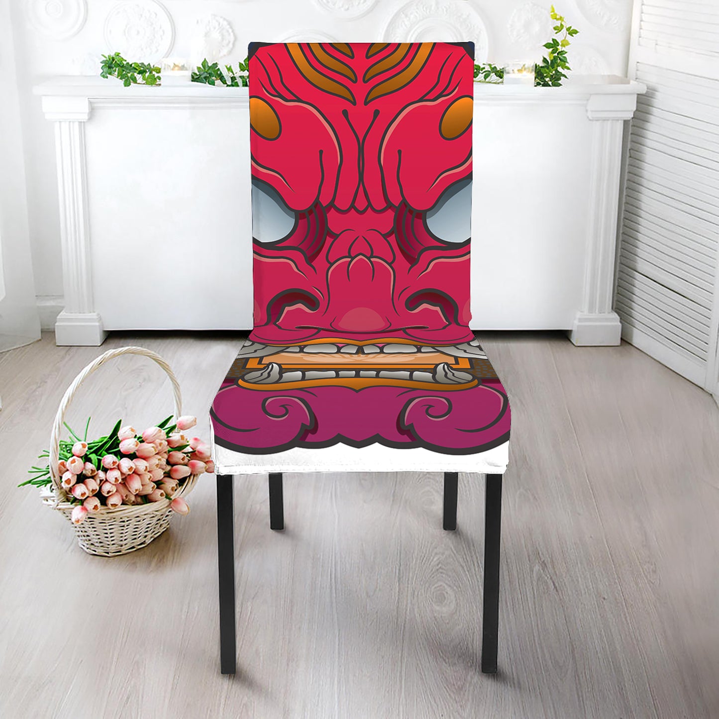 Japanese Demon Mask Print Dining Chair Slipcover