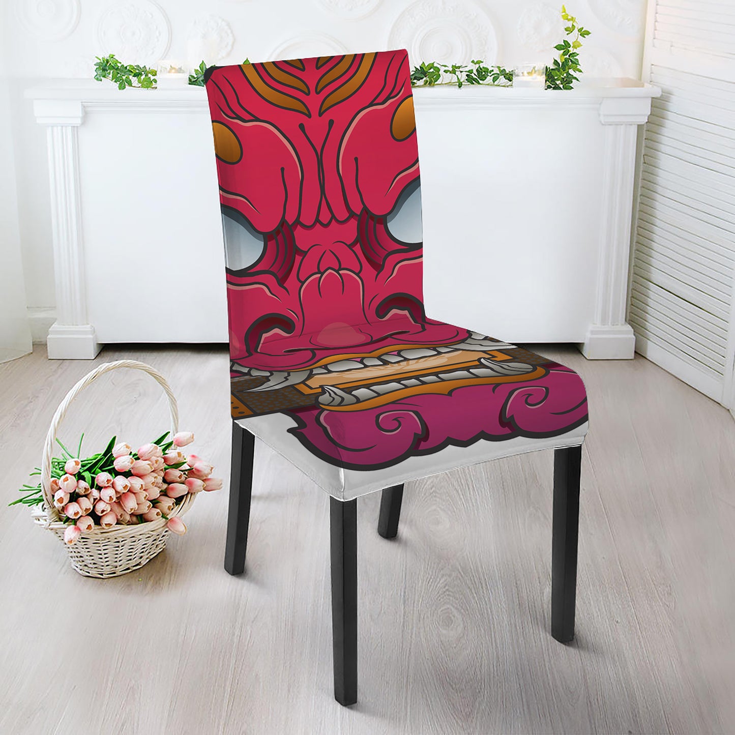Japanese Demon Mask Print Dining Chair Slipcover