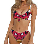 Japanese Demon Mask Print Front Bow Tie Bikini