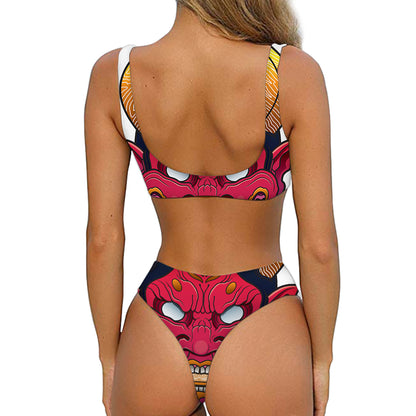 Japanese Demon Mask Print Front Bow Tie Bikini