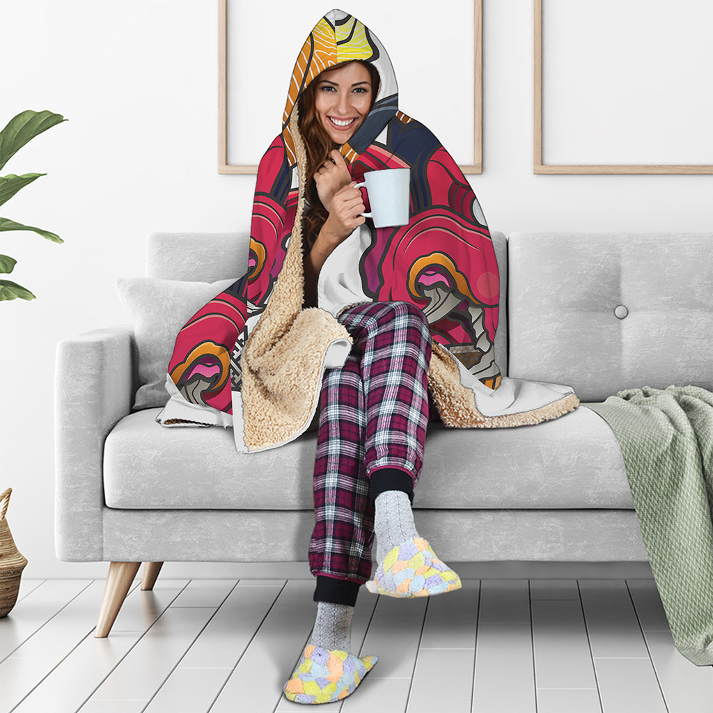 Japanese Demon Mask Print Hooded Blanket