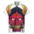 Japanese Demon Mask Print Men's Short Sleeve Shirt