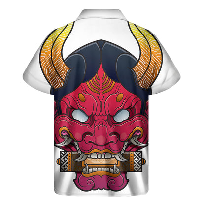 Japanese Demon Mask Print Men's Short Sleeve Shirt