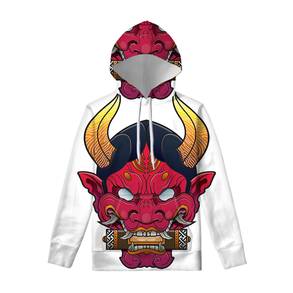 Japanese Demon Mask Print Pullover Hoodie