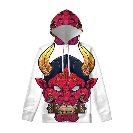 Japanese Demon Mask Print Pullover Hoodie