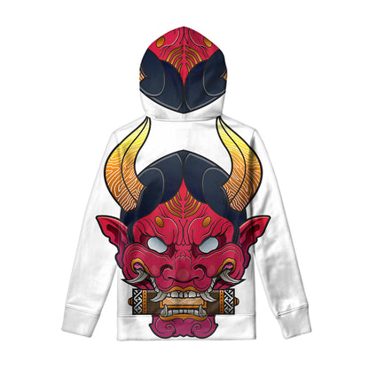 Japanese Demon Mask Print Pullover Hoodie