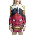 Japanese Demon Mask Print Pullover Hoodie Dress