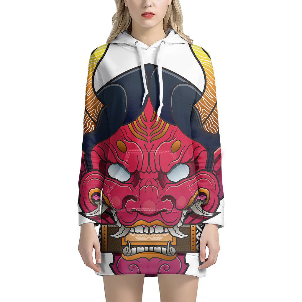 Japanese Demon Mask Print Pullover Hoodie Dress