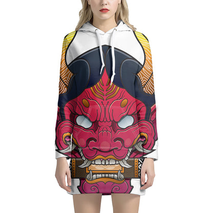 Japanese Demon Mask Print Pullover Hoodie Dress