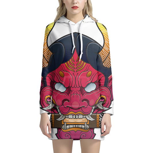 Japanese Demon Mask Print Pullover Hoodie Dress