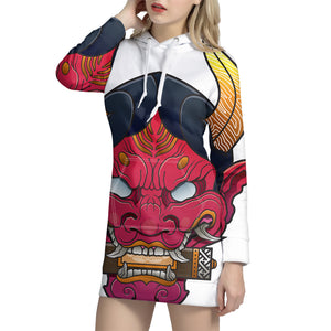 Japanese Demon Mask Print Pullover Hoodie Dress